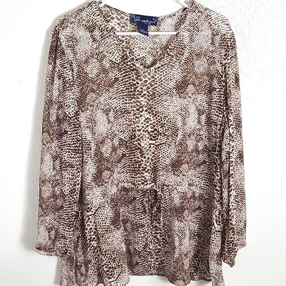 Susan Graver Brown & Beige Print Sheer Blouse, Elastic Tie Waist, Size 2X - Picture 2 of 10